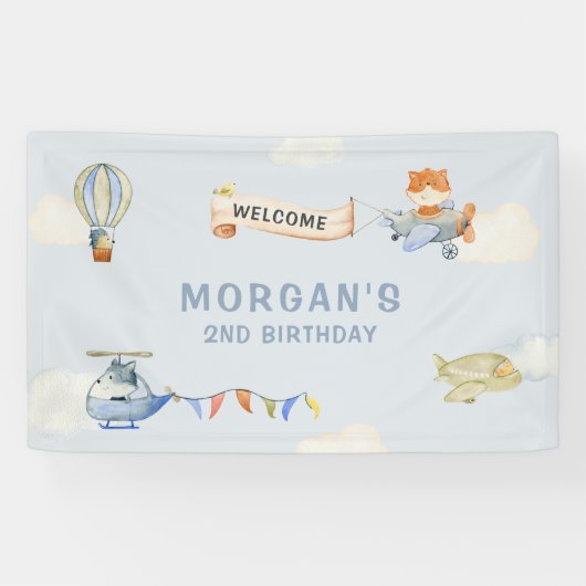 かわいい動物飛行機ブルー誕生日バナー 横断幕 (横)