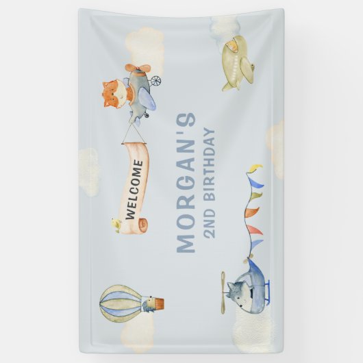 かわいい動物飛行機ブルー誕生日バナー 横断幕 (縦)