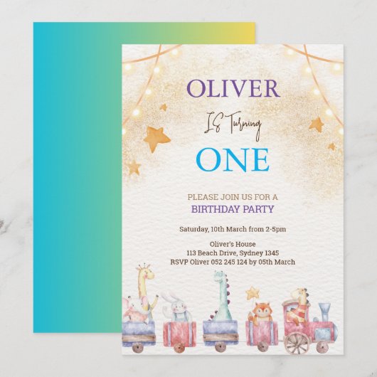 かわいい動物1歳の誕生日パーティー 招待状 (正面/裏面)