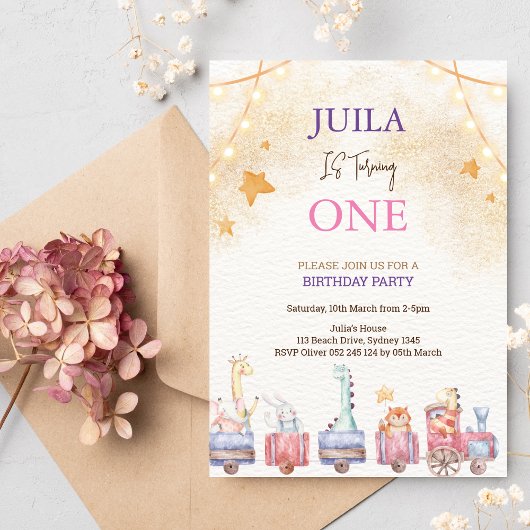 かわいい動物1歳の誕生日パーティー 招待状