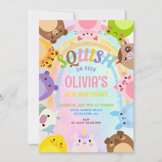 かわいい動物 スキッシュ 虹 誕生日パーティー 招待状 (正面)