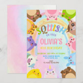 かわいい動物 スキッシュ 虹 誕生日パーティー 招待状 (正面/裏面)
