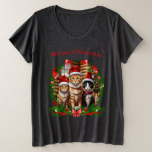 かわいい動物 ネコ クリスマスTシャツ プラスサイズTシャツ