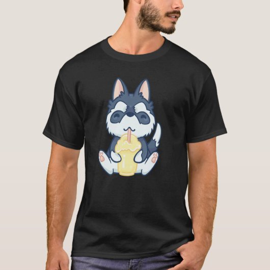 かわいい動物 ハスキー マラミュート 飲む Tシャツ (正面)