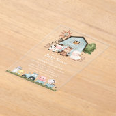 かわいい動物, ファームアニマル, 青い納屋, ベビーシャワー アクリル招待状 (レイダウン)