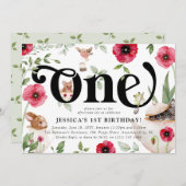 かわいい動物&フローラ「ONE」お茶パーティー1歳 招待状 (正面/裏面)