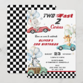 かわいい動物 レースカー 2歳の誕生日 ツーファスト 招待状 (正面/裏面)