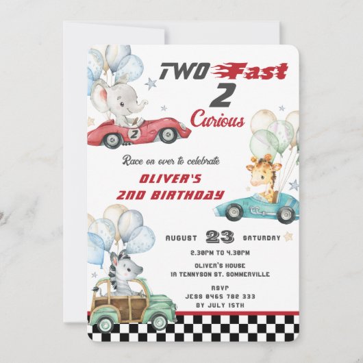 かわいい動物 レースカー 2歳の誕生日 ツーファスト 招待状 (正面)