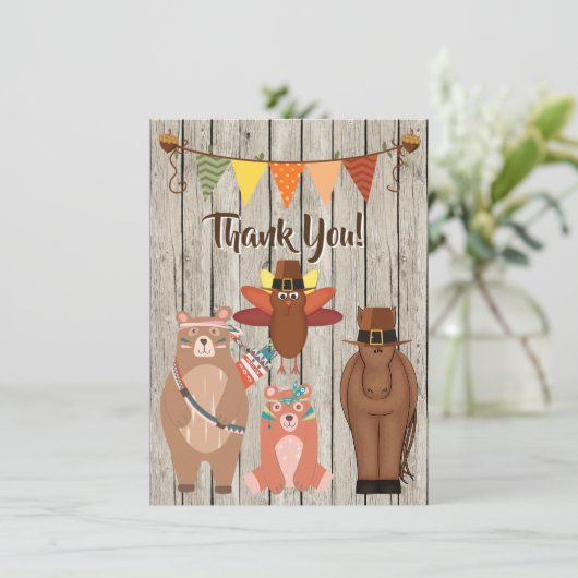 かわいい動物、巡礼者インディアン感謝祭フラット サンキューカード (スタンド正面)