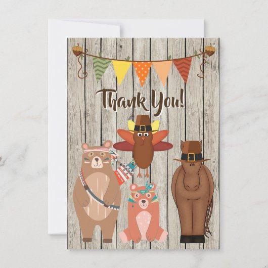 かわいい動物、巡礼者インディアン感謝祭フラット サンキューカード (正面)