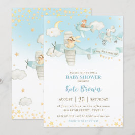 かわいい動物 飛行機 星 空 ベビーシャワー 男の子 招待状