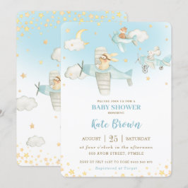 かわいい動物 飛行機 星 空 赤ちゃん歓迎会 男の子 招待状