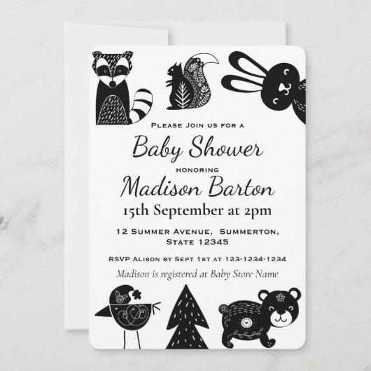 かわいい北モダン部の森林動物たちのベビーシャワー 招待状 (正面)