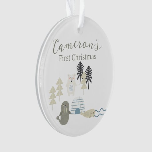 かわいい北極冬の動物の初めてのクリスマス写真 オーナメント (正面)