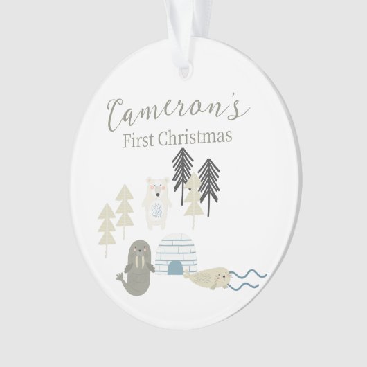 かわいい北極冬の動物の初めてのクリスマス写真 オーナメント (正面)