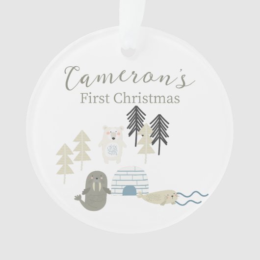 かわいい北極冬の動物の初めてのクリスマス写真 オーナメント (正面)