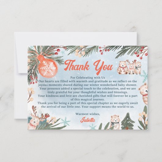 かわいい北極動物の冬のクリスマスベビーシャワー サンキューカード (正面)