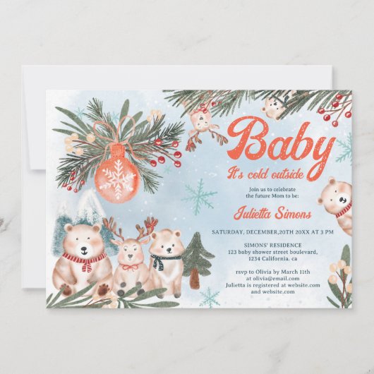 かわいい北極動物の冬のクリスマスベビーシャワー 招待状 (正面)