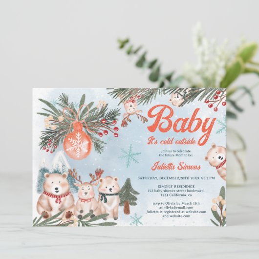 かわいい北極動物の冬のクリスマスベビーシャワー 招待状 (スタンド正面)