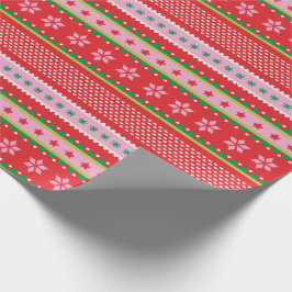 かわいい北欧のセーター柄の赤いピンクグリーン ラッピングペーパー