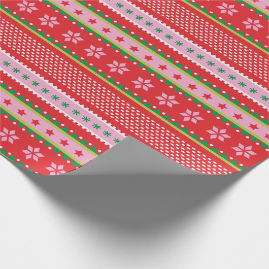 かわいい北欧のセーター柄の赤いピンクグリーン ラッピングペーパー (角)