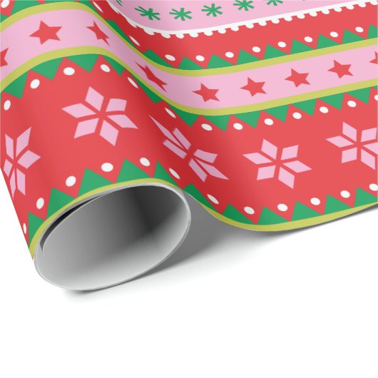 かわいい北欧のセーター柄の赤いピンクグリーン ラッピングペーパー (ロールコーナー)