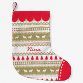 かわいい北欧の民俗休日の金ゴールド赤いパターンカスタム スモールクリスマスストッキング (正面)