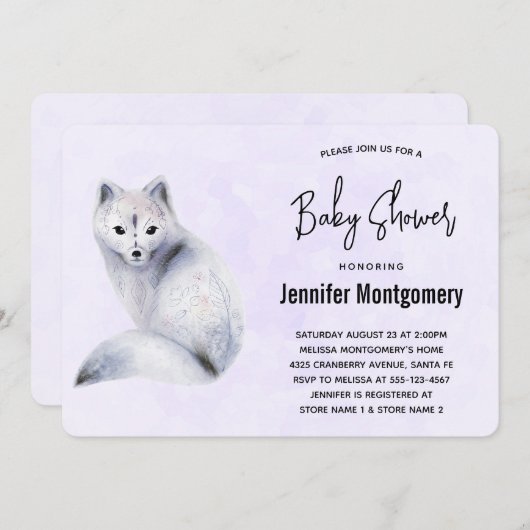 かわいい北欧キツネとフローラデザインベビーシャワー 招待状 (正面/裏面)