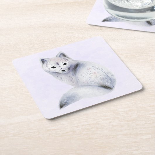 かわいい北欧キツネとフローラマーキング スクエアペーパーコースター (アングル)