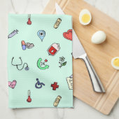 かわいい医療アイコンパターン キッチンタオル (四つ折り)