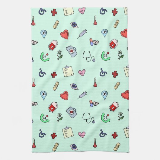 かわいい医療アイコンパターン キッチンタオル (縦)