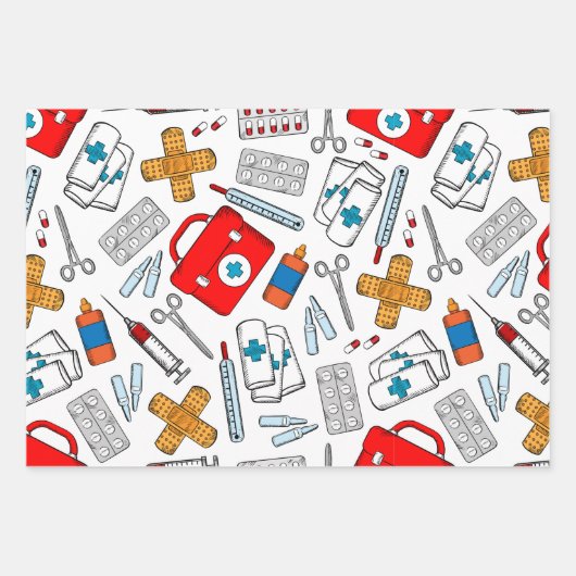 かわいい医療ナースドクターテーマ混合パターン ラッピングペーパーシート (正面2)