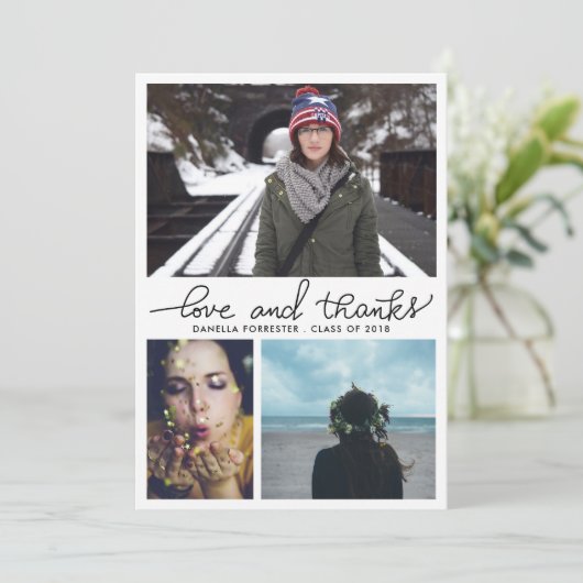 かわいい卒業式ラブアンドサンクススクリプト3枚の写真 招待状 (スタンド正面)
