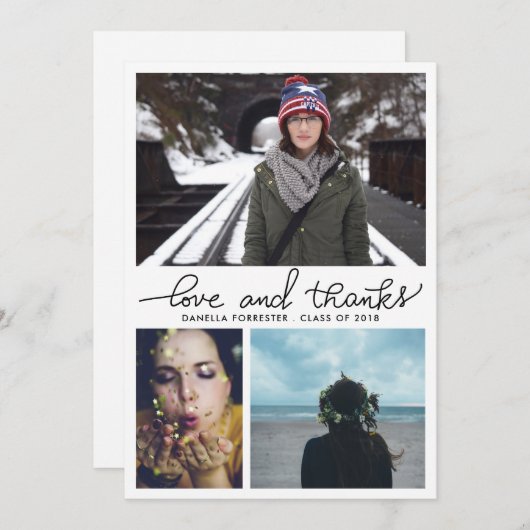 かわいい卒業式ラブアンドサンクススクリプト3枚の写真 招待状 (正面/裏面)