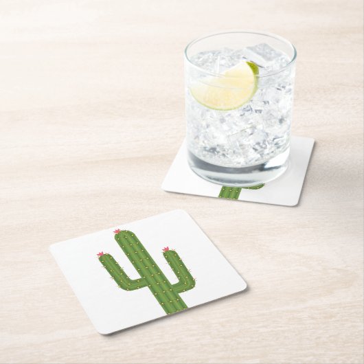 かわいい南西結婚部のピンクの花緑のサボテン スクエアペーパーコースター (インサイチュ)