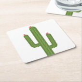 かわいい南西結婚部のピンクの花緑のサボテン スクエアペーパーコースター (アングル)