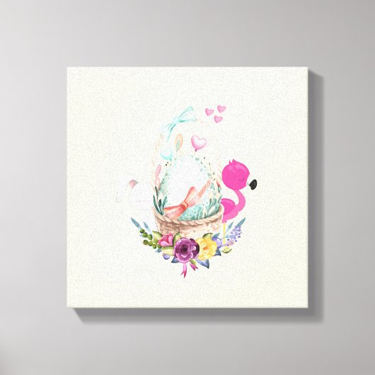 かわいい卵、ピンクのフラミンゴ&バニー、水彩 キャンバスプリント (正面)