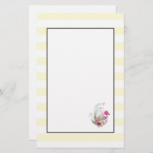 かわいい卵、ピンクのフラミンゴ&バニー、水彩 便箋 (正面/裏面)