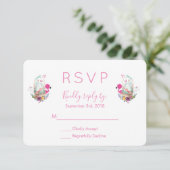 かわいい卵、ピンクフラミンゴ&バニーウォーターカラーRSVP 出欠カード (スタンド正面)