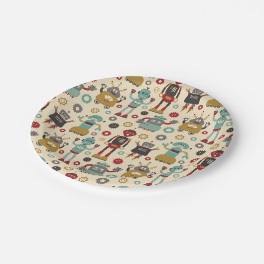 かわいい及びおもしろいのレトロのロボットテーマのパーティー ペーパープレート (アングル)