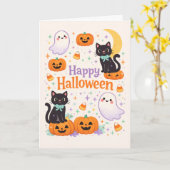 かわいい友好的な猫 おばけ かぼちゃ ハロウィン カード (黄色い花)