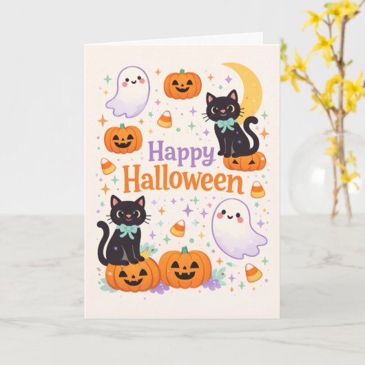 かわいい友好的な猫 おばけ かぼちゃ ハロウィン カード (黄色い花)