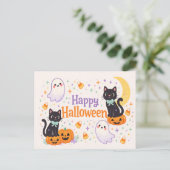 かわいい友好的な猫 お化け かぼちゃ ハロウィン シーズンポストカード (スタンド正面)