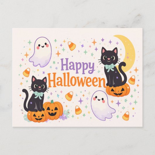 かわいい友好的な猫 お化け かぼちゃ ハロウィン シーズンポストカード (正面)