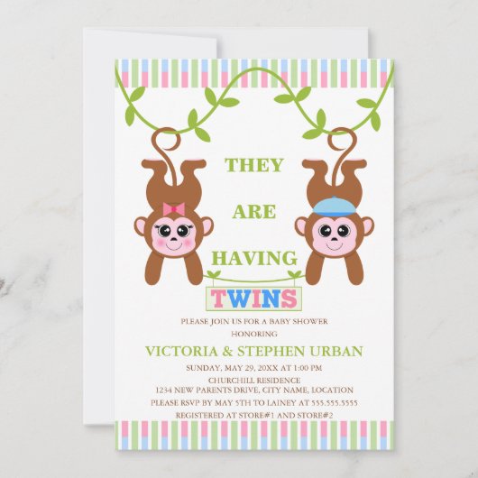 かわいい双子と少女の猿の赤ちゃんシャワー 招待状 (正面)