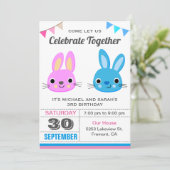 かわいい双子のうさぎの誕生日パーティー招待状 招待状 (スタンド正面)