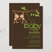 かわいい双子のジャングルサルのベビーシャワー 招待状 (正面/裏面)