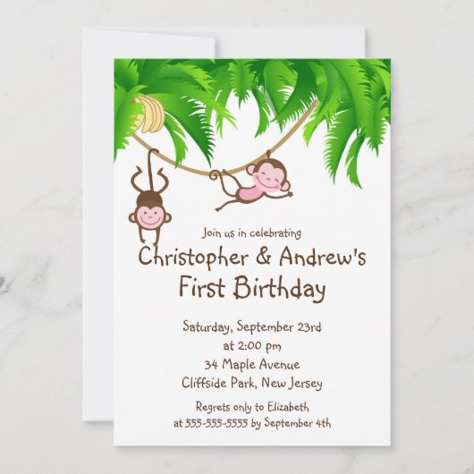 かわいい双子のジャングルモンキーバースデーパーティ招待状 招待状 (正面)