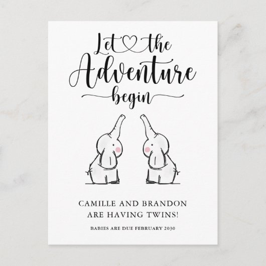 かわいい双子のゾウの妊娠発表 案内ポストカード (正面)