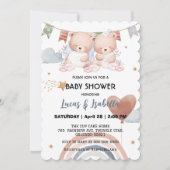 かわいい双子のテディベア星のバルーンベビーシャワー サンキューカード (正面)